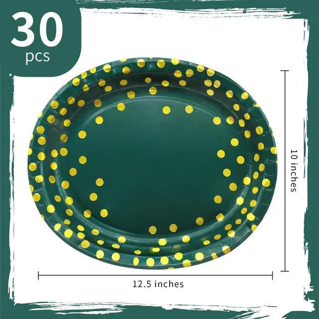 Alt view image 2 of 6 - 30Pcs Green Gold Oval Paper Plates 10" X 12" Large Disposable Dinner Plates for World Cup Birthday Wedding Engagement