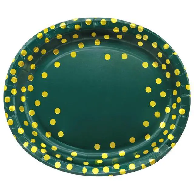 Alt view image 3 of 6 - 30Pcs Green Gold Oval Paper Plates 10" X 12" Large Disposable Dinner Plates for World Cup Birthday Wedding Engagement