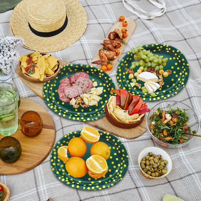 Alt view image 6 of 6 - 30Pcs Green Gold Oval Paper Plates 10" X 12" Large Disposable Dinner Plates for World Cup Birthday Wedding Engagement