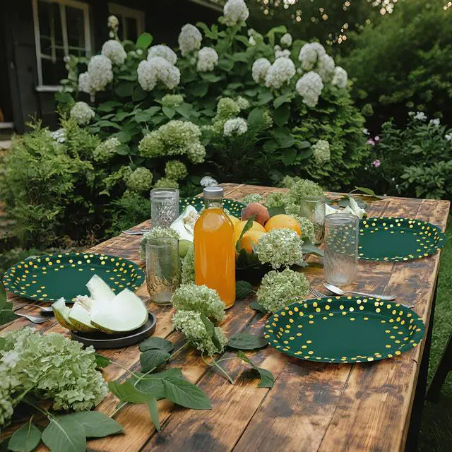 Alt view image 5 of 6 - 30Pcs Green Gold Oval Paper Plates 10" X 12" Large Disposable Dinner Plates for World Cup Birthday Wedding Engagement