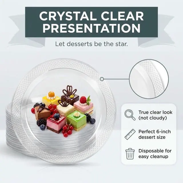 Alt view image 3 of 7 - 6 Inch Clear Plastic Plates 100 Bulk Pack - Disposable Cake for Dessert & Appetizers, BBQ, Party, Travel and Events,Recyclable (6 IN Clear Plastic plates)