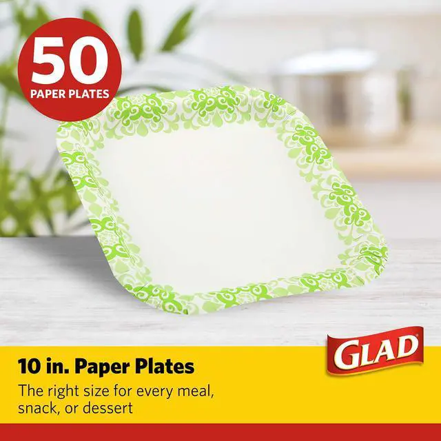 Alt view image 2 of 7 - Square Heavy Duty Paper Plates Soak Proof and Cut Proof Disposable Plates Parties and Everyday Meals Microwaveable for Easy Serving Green Victorian Pattern 10 Inch 50 Count Home Supply Pack