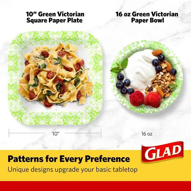 Alt view image 6 of 7 - Square Heavy Duty Paper Plates Soak Proof and Cut Proof Disposable Plates Parties and Everyday Meals Microwaveable for Easy Serving Green Victorian Pattern 10 Inch 50 Count Home Supply Pack