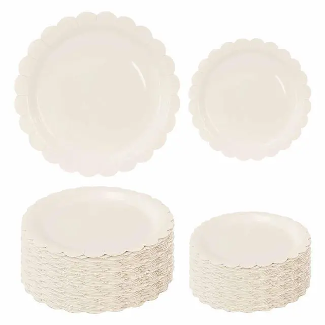 Main image of 50 Pcs Ivory Scalloped Paper Plates 25 × 7'' and 25 × 9'' Disposable Ivory Scalloped Dinner Plates for Wedding Baby Shower Birthday Party Disposable Dessert Plate