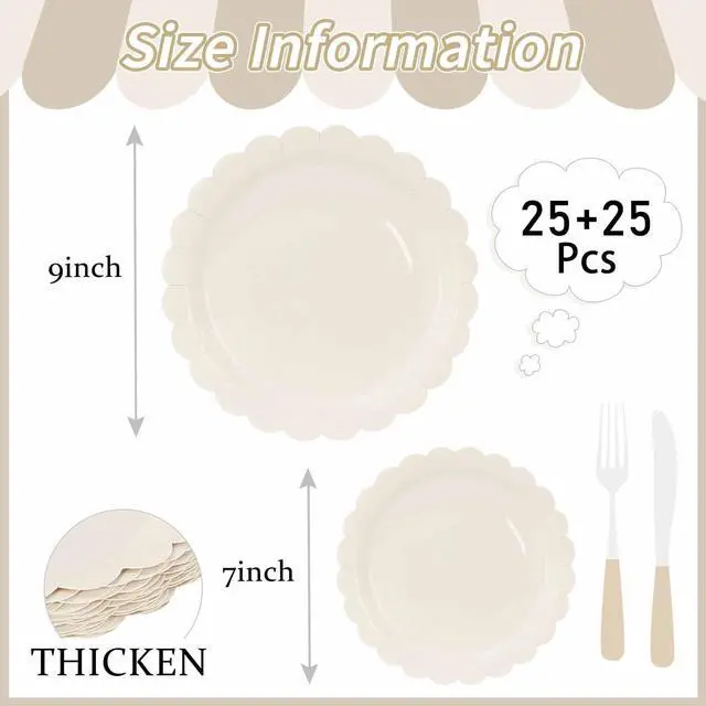 Alt view image 3 of 7 - 50 Pcs Ivory Scalloped Paper Plates 25 × 7'' and 25 × 9'' Disposable Ivory Scalloped Dinner Plates for Wedding Baby Shower Birthday Party Disposable Dessert Plate