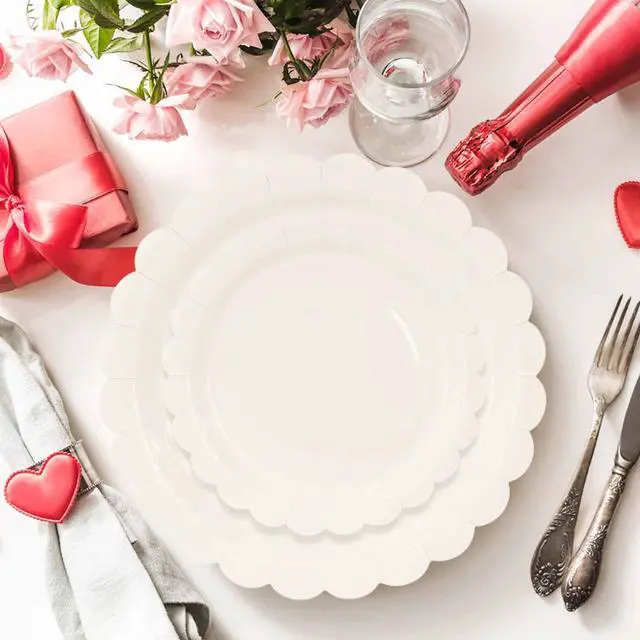 Alt view image 4 of 7 - 50 Pcs Ivory Scalloped Paper Plates 25 × 7'' and 25 × 9'' Disposable Ivory Scalloped Dinner Plates for Wedding Baby Shower Birthday Party Disposable Dessert Plate