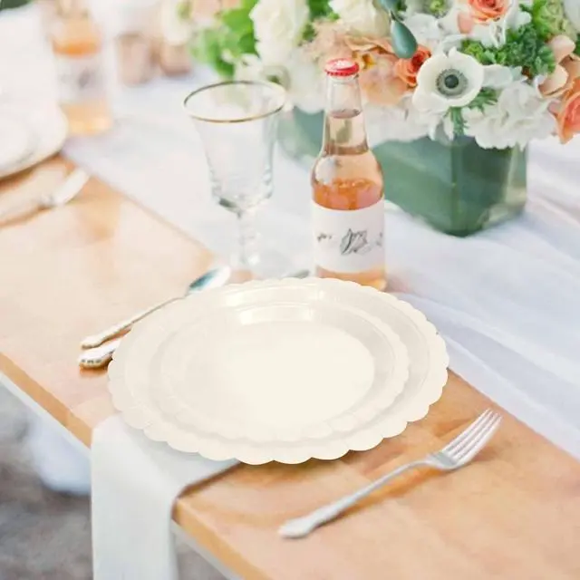 Alt view image 5 of 7 - 50 Pcs Ivory Scalloped Paper Plates 25 × 7'' and 25 × 9'' Disposable Ivory Scalloped Dinner Plates for Wedding Baby Shower Birthday Party Disposable Dessert Plate