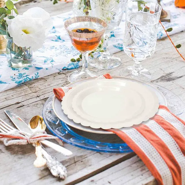 Alt view image 7 of 7 - 50 Pcs Ivory Scalloped Paper Plates 25 × 7'' and 25 × 9'' Disposable Ivory Scalloped Dinner Plates for Wedding Baby Shower Birthday Party Disposable Dessert Plate