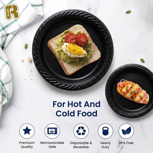 Alt view image 3 of 5 - 100 Pack 6 Inch Black Plastic Plates Disposable - Heavy Duty Black Dessert Plates Disposable - Microwavable Small Disposable Plastic Plates