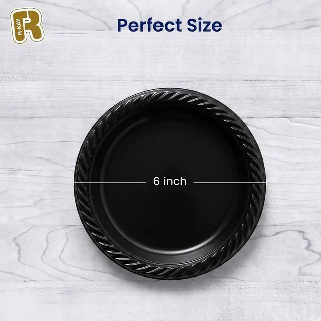 Alt view image 4 of 5 - 100 Pack 6 Inch Black Plastic Plates Disposable - Heavy Duty Black Dessert Plates Disposable - Microwavable Small Disposable Plastic Plates