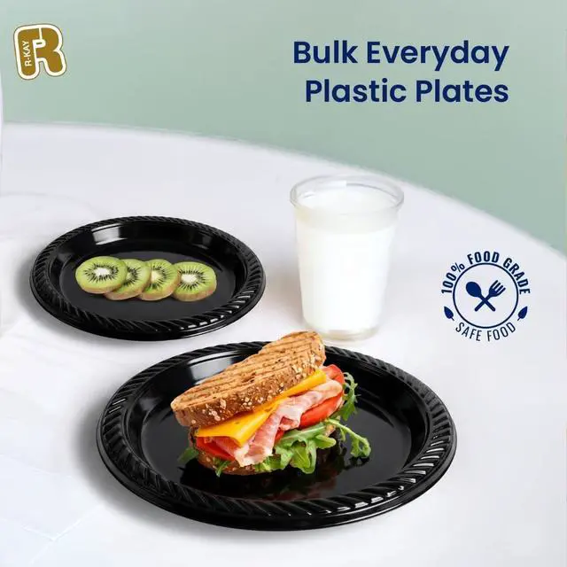 Alt view image 5 of 5 - 100 Pack 6 Inch Black Plastic Plates Disposable - Heavy Duty Black Dessert Plates Disposable - Microwavable Small Disposable Plastic Plates