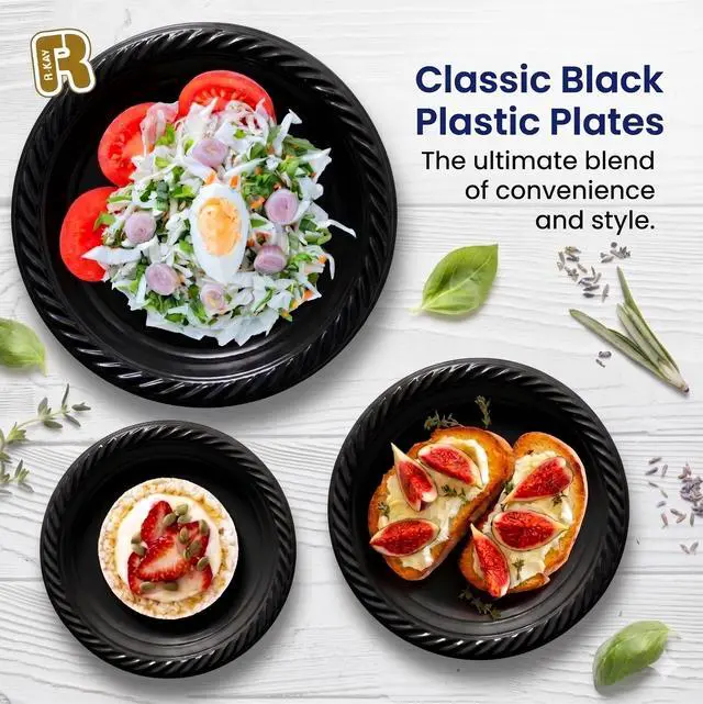 Alt view image 2 of 5 - 100 Pack 6 Inch Black Plastic Plates Disposable - Heavy Duty Black Dessert Plates Disposable - Microwavable Small Disposable Plastic Plates
