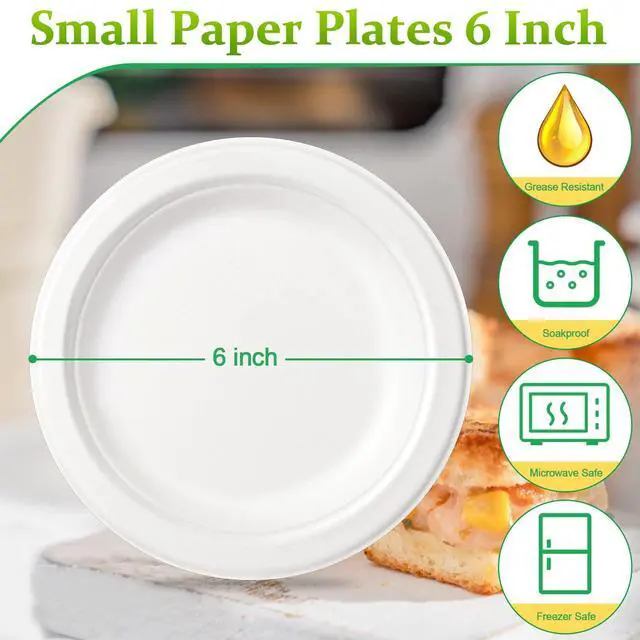 Alt view image 2 of 6 - Paper Plates 6 inch, Small Paper Plates 100 Pack, Disposable Plates in Bulk, 100% Compostable Paper Plates, Sturdy Heavy Duty Plates for Dessert, Cake, Appetizer, White
