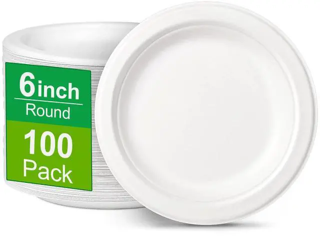 Main image of Paper Plates 6 inch, Small Paper Plates 100 Pack, Disposable Plates in Bulk, 100% Compostable Paper Plates, Sturdy Heavy Duty Plates for Dessert, Cake, Appetizer, White