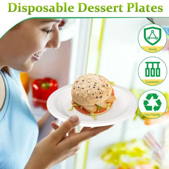Alt view image 3 of 6 - Paper Plates 6 inch, Small Paper Plates 100 Pack, Disposable Plates in Bulk, 100% Compostable Paper Plates, Sturdy Heavy Duty Plates for Dessert, Cake, Appetizer, White