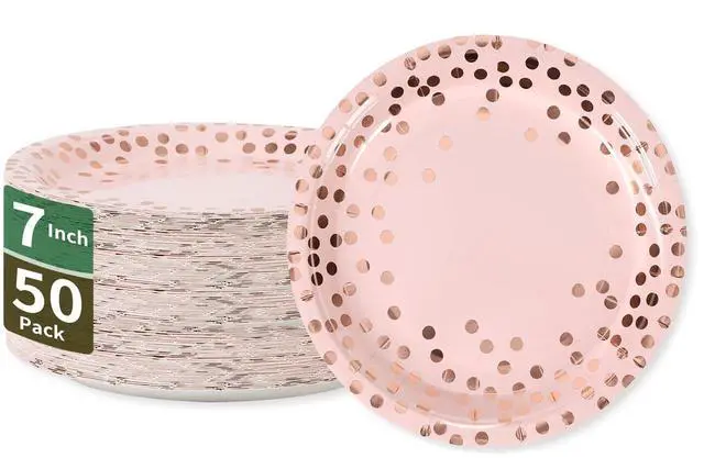 Main image of Pink & Rose Gold Dots Party Paper Plates, 50 PCS Disposable Party Supplies Dessert Paper Plates for Birthday Wedding Bridal Shower Supplies (7 inches)