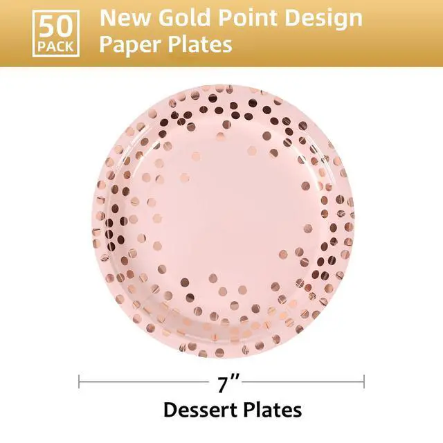 Alt view image 2 of 7 - Pink & Rose Gold Dots Party Paper Plates, 50 PCS Disposable Party Supplies Dessert Paper Plates for Birthday Wedding Bridal Shower Supplies (7 inches)