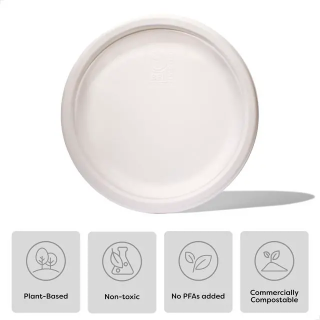 Alt view image 2 of 4 - NATURAL 9" Compostable Round Paper Plates Set of 50 - BPI Certified, Heavy Duty Disposable Plates, Natural Bagasse Sugarcane Fiber, White Sturdy Dinner Disposable Plates