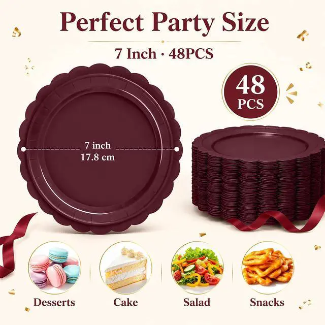 Alt view image 3 of 7 - 48 Pcs Burgundy Scalloped Paper Plates 7 Inch, Disposable Burgundy Dessert Plates for Wedding, Birthday Party, Baby Shower, Bridal Shower, Thanksgiving, Cake & Dessert Plates