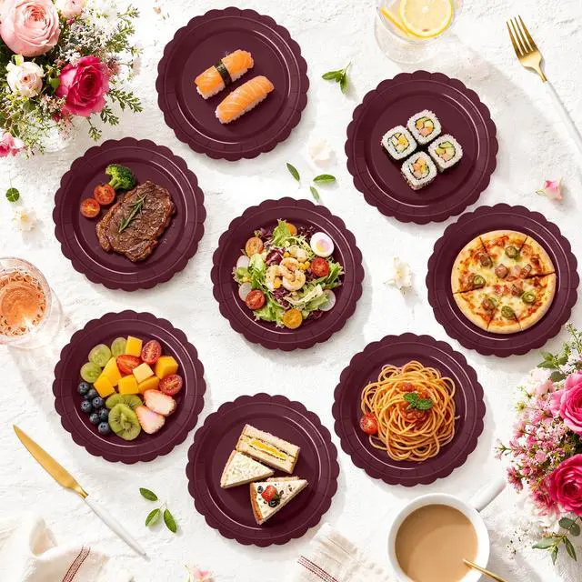 Alt view image 4 of 7 - 48 Pcs Burgundy Scalloped Paper Plates 7 Inch, Disposable Burgundy Dessert Plates for Wedding, Birthday Party, Baby Shower, Bridal Shower, Thanksgiving, Cake & Dessert Plates