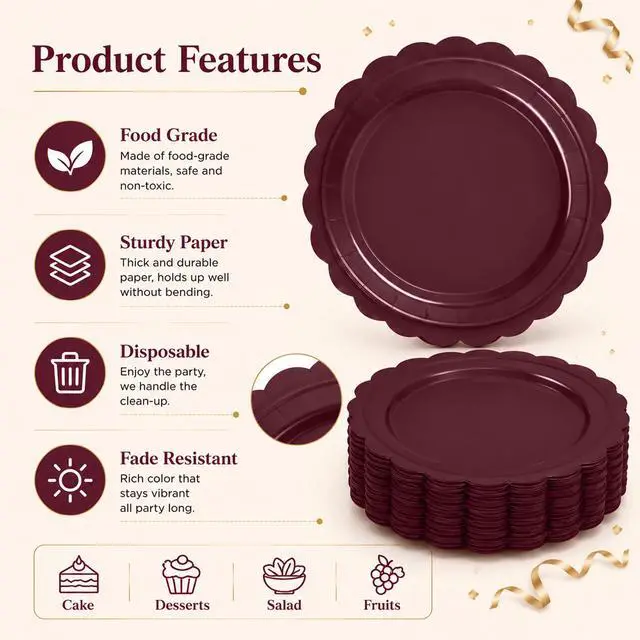 Alt view image 7 of 7 - 48 Pcs Burgundy Scalloped Paper Plates 7 Inch, Disposable Burgundy Dessert Plates for Wedding, Birthday Party, Baby Shower, Bridal Shower, Thanksgiving, Cake & Dessert Plates