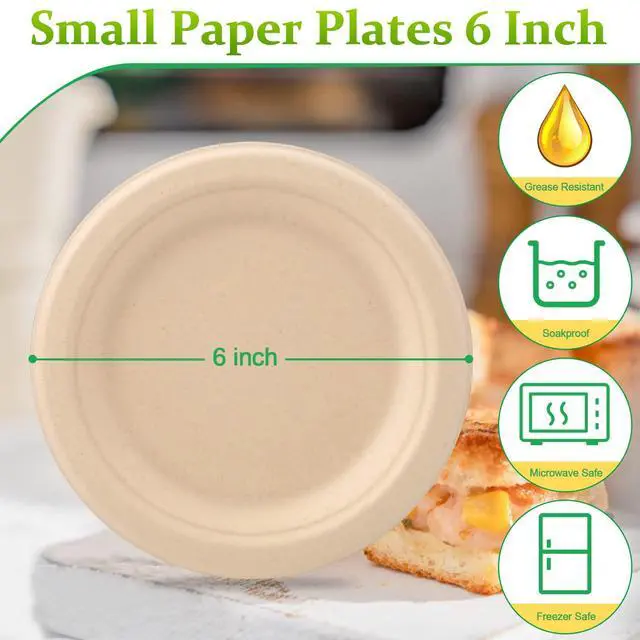 Alt view image 2 of 6 - Paper Plates 6 inch, 50 Pack Small Plates, Eco Friendly Disposable Plates Made of Sugarcane Fibers, 100% Compostable Plates, Dessert Plates, Brown