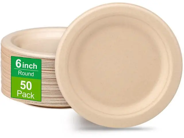 Main image of Paper Plates 6 inch, 50 Pack Small Plates, Eco Friendly Disposable Plates Made of Sugarcane Fibers, 100% Compostable Plates, Dessert Plates, Brown