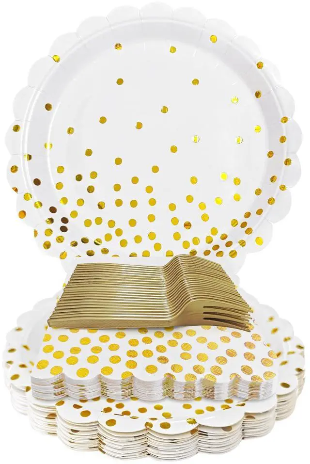 Main image of White and Gold Paper Plates and Napkins,7 Inch White and Gold Scalloped Disposable Dessert Plates Paper Napkin Fork Party Supplies for Wedding Baby Shower Birthday(25 Guest)