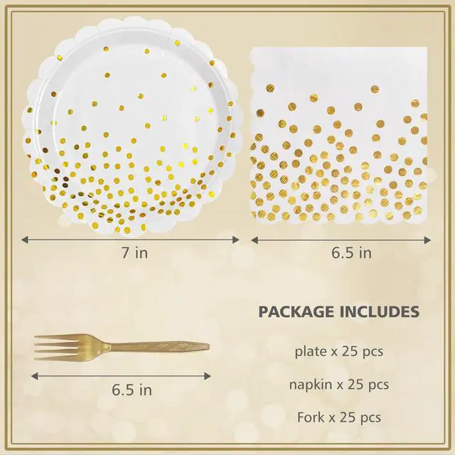 Alt view image 2 of 7 - White and Gold Paper Plates and Napkins,7 Inch White and Gold Scalloped Disposable Dessert Plates Paper Napkin Fork Party Supplies for Wedding Baby Shower Birthday(25 Guest)