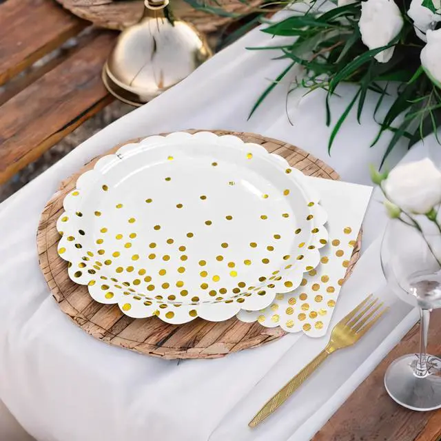 Alt view image 3 of 7 - White and Gold Paper Plates and Napkins,7 Inch White and Gold Scalloped Disposable Dessert Plates Paper Napkin Fork Party Supplies for Wedding Baby Shower Birthday(25 Guest)