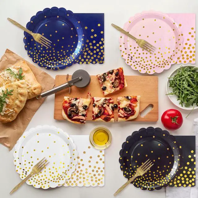 Alt view image 6 of 7 - White and Gold Paper Plates and Napkins,7 Inch White and Gold Scalloped Disposable Dessert Plates Paper Napkin Fork Party Supplies for Wedding Baby Shower Birthday(25 Guest)