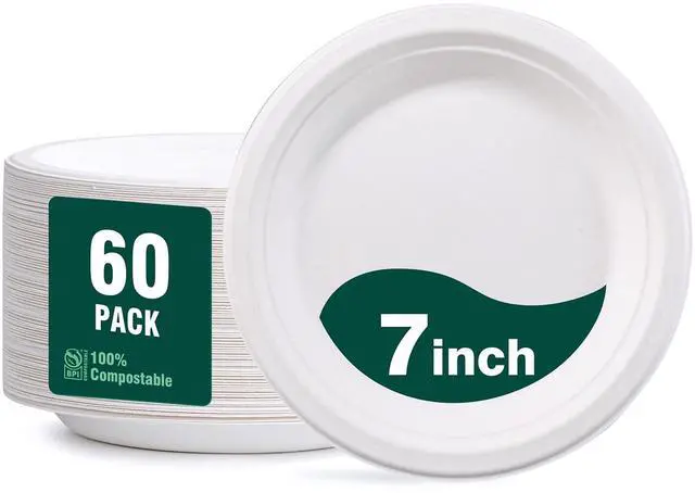 Main image of 100% Compostable Paper Plates 7 Inch, 60-Pack Heavy Duty Paper Plates Bulk,Biodegradable Bagasse,Eco-Friendly Disposable Dessert Plate for BBQ,Picnic,Party (BPI Certified,Microwaveable)