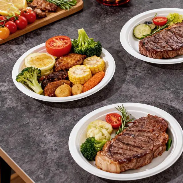 Alt view image 2 of 7 - 100% Compostable Paper Plates 7 Inch, 60-Pack Heavy Duty Paper Plates Bulk,Biodegradable Bagasse,Eco-Friendly Disposable Dessert Plate for BBQ,Picnic,Party (BPI Certified,Microwaveable)