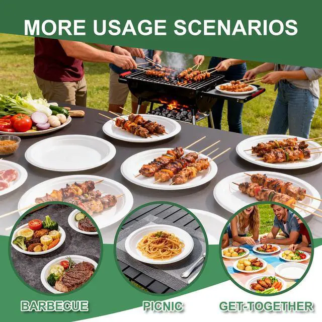Alt view image 7 of 7 - 100% Compostable Paper Plates 7 Inch, 60-Pack Heavy Duty Paper Plates Bulk,Biodegradable Bagasse,Eco-Friendly Disposable Dessert Plate for BBQ,Picnic,Party (BPI Certified,Microwaveable)