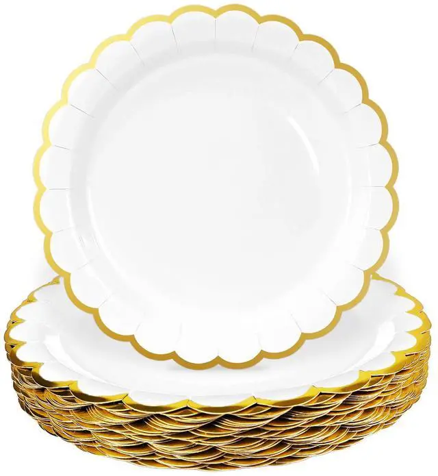 Main image of 50 Pieces White Paper Plates with Gold Foil 7 Inch Disposable White Scalloped Dinner Plates for Wedding Baby Shower Birthday Party Dessert Plate