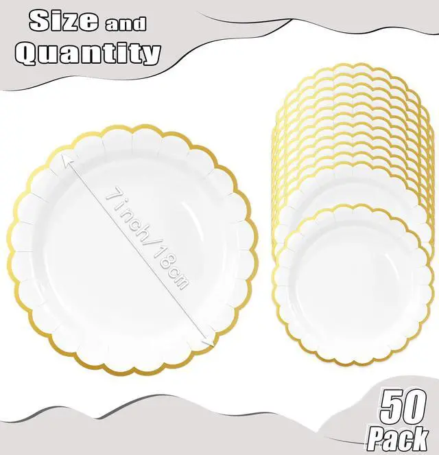 Alt view image 2 of 7 - 50 Pieces White Paper Plates with Gold Foil 7 Inch Disposable White Scalloped Dinner Plates for Wedding Baby Shower Birthday Party Dessert Plate