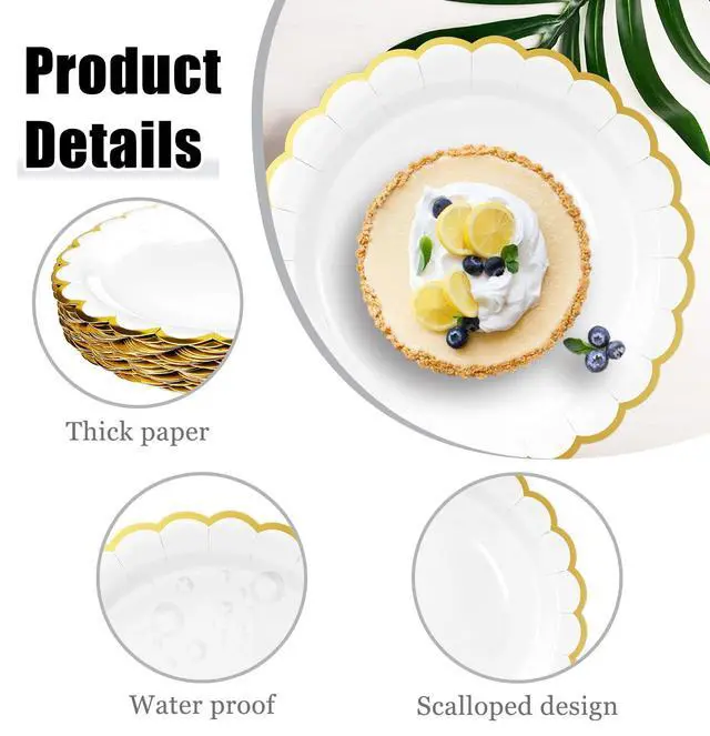 Alt view image 3 of 7 - 50 Pieces White Paper Plates with Gold Foil 7 Inch Disposable White Scalloped Dinner Plates for Wedding Baby Shower Birthday Party Dessert Plate