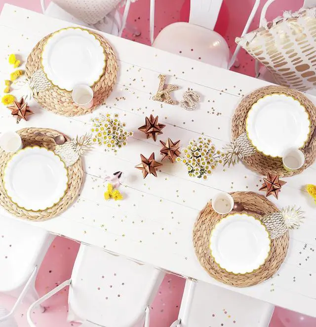 Alt view image 4 of 7 - 50 Pieces White Paper Plates with Gold Foil 7 Inch Disposable White Scalloped Dinner Plates for Wedding Baby Shower Birthday Party Dessert Plate