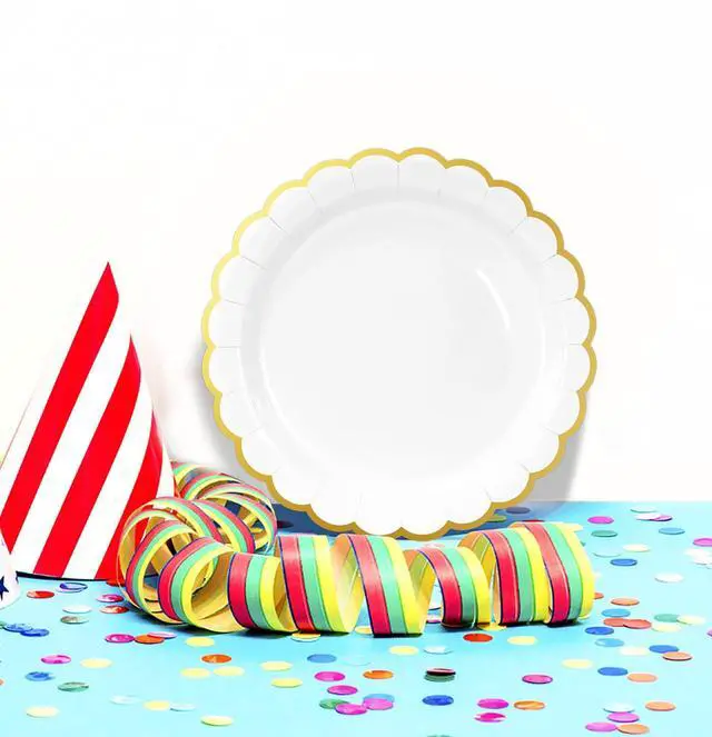 Alt view image 5 of 7 - 50 Pieces White Paper Plates with Gold Foil 7 Inch Disposable White Scalloped Dinner Plates for Wedding Baby Shower Birthday Party Dessert Plate