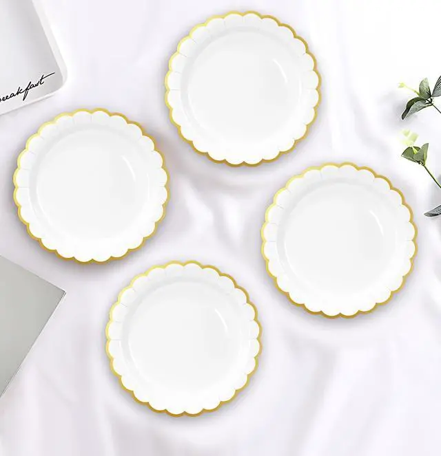 Alt view image 6 of 7 - 50 Pieces White Paper Plates with Gold Foil 7 Inch Disposable White Scalloped Dinner Plates for Wedding Baby Shower Birthday Party Dessert Plate