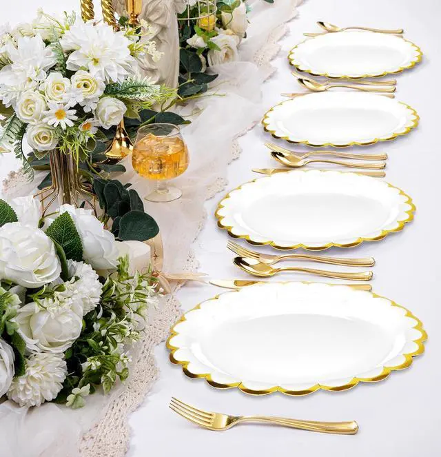 Alt view image 7 of 7 - 50 Pieces White Paper Plates with Gold Foil 7 Inch Disposable White Scalloped Dinner Plates for Wedding Baby Shower Birthday Party Dessert Plate