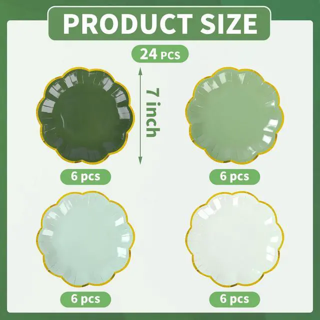 Alt view image 2 of 7 - Sage Green Party Plates Gradient Green Dessert Paper Plates 7inch Gold Foil Scalloped Edge Disposable Cake Plates for Birthday Bridal Baby Shower Wedding Party Supplies (24)