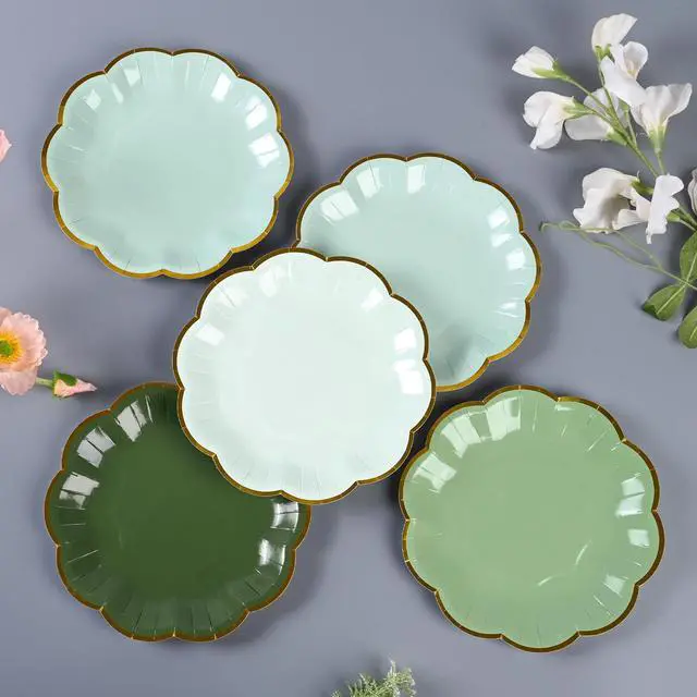 Alt view image 3 of 7 - Sage Green Party Plates Gradient Green Dessert Paper Plates 7inch Gold Foil Scalloped Edge Disposable Cake Plates for Birthday Bridal Baby Shower Wedding Party Supplies (24)