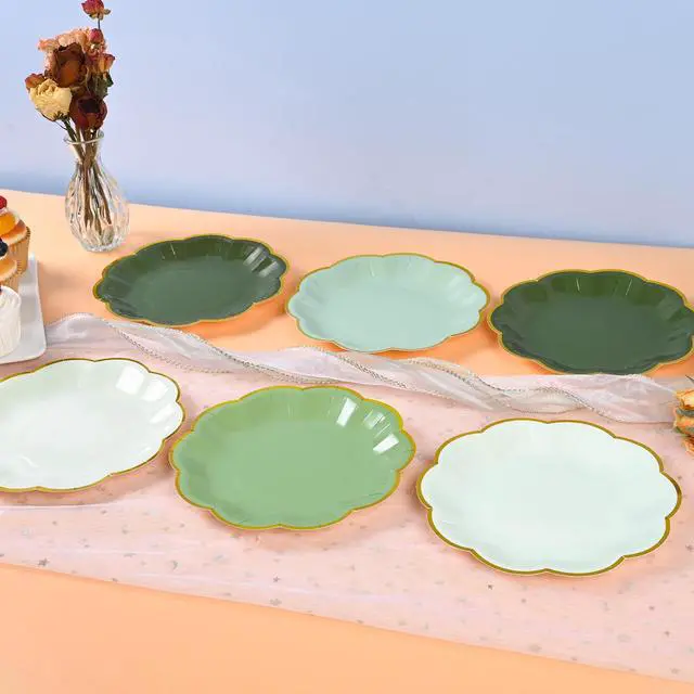 Alt view image 6 of 7 - Sage Green Party Plates Gradient Green Dessert Paper Plates 7inch Gold Foil Scalloped Edge Disposable Cake Plates for Birthday Bridal Baby Shower Wedding Party Supplies (24)