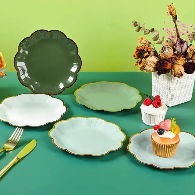 Alt view image 7 of 7 - Sage Green Party Plates Gradient Green Dessert Paper Plates 7inch Gold Foil Scalloped Edge Disposable Cake Plates for Birthday Bridal Baby Shower Wedding Party Supplies (24)