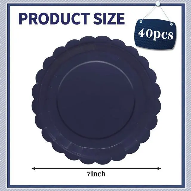 Alt view image 2 of 7 - 40Pcs Navy Blue Paper Plates 7 Inch Disposable Scalloped Dessert Platter for 4th of July Independence Day