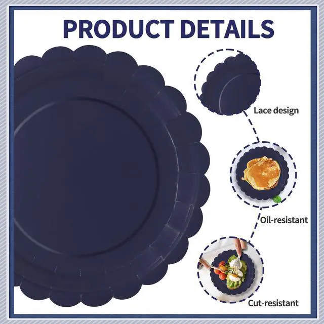 Alt view image 3 of 7 - 40Pcs Navy Blue Paper Plates 7 Inch Disposable Scalloped Dessert Platter for 4th of July Independence Day