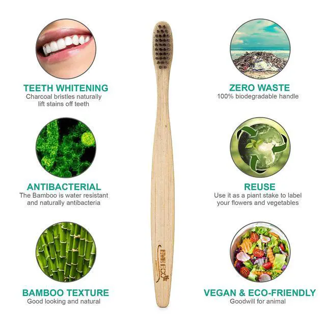 Alt view image 3 of 7 - 4 Count I Bamboo Toothbrush I Soft Bristles Best for Sensitive Gums I Charcoal I Vegan I Natural Wood I BPA Fee I Recyclable I Compostable I Biodegradable | Environmentally Friendly