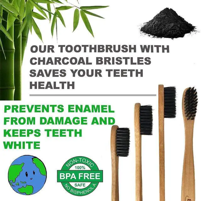 Alt view image 5 of 7 - 4 Count I Bamboo Toothbrush I Soft Bristles Best for Sensitive Gums I Charcoal I Vegan I Natural Wood I BPA Fee I Recyclable I Compostable I Biodegradable | Environmentally Friendly