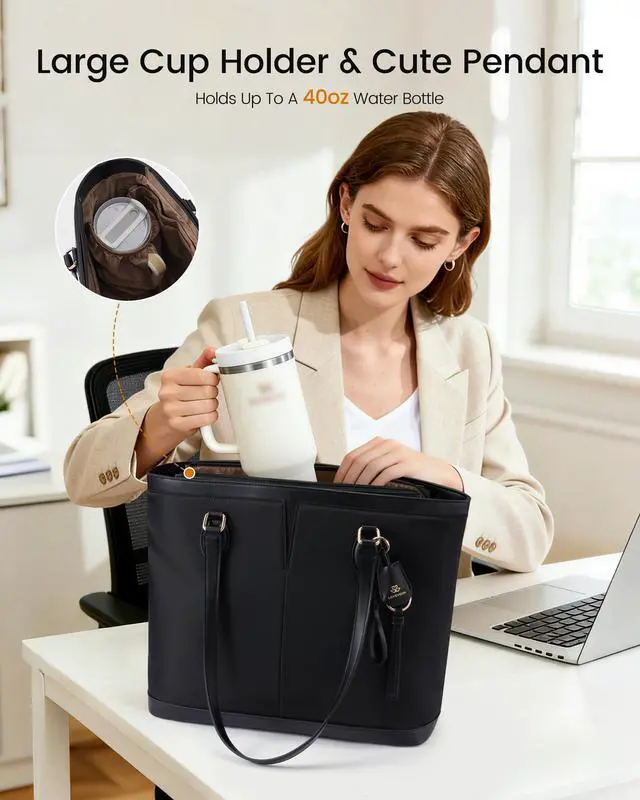 Alt view image 2 of 6 - Laptop Tote Bag for Women, 15.6 Inch Lightweight Work Computer Bag with Cup Holder, Waterproof Office Briefcase Travel Handbag Purse Gifts for Women Black